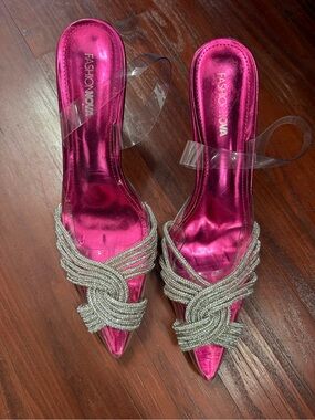 Fashion Nova Clear Rhinestone Knot Mule Heels Hot Pink Size 10